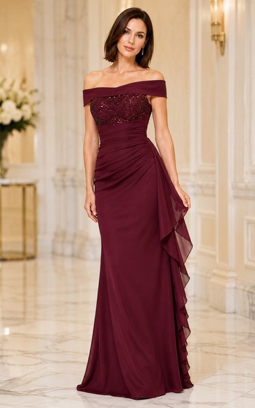Burgunderfarbenes schulterfreies Chiffonkleid mit Paillettenoberteil für Mütter und festliche Anlässe
