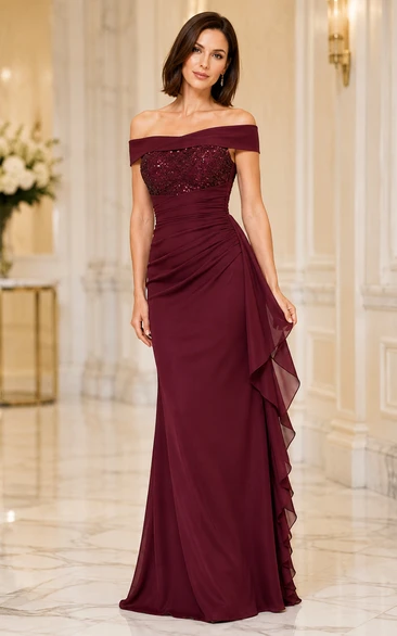 Burgunderfarbenes schulterfreies Chiffonkleid mit Paillettenoberteil für Mütter und festliche Anlässe