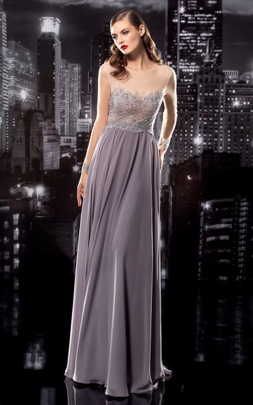 Sheath Long Jewel-Neck Sleeveless Chiffon Low-V Back Dress With Appliques And Pleats