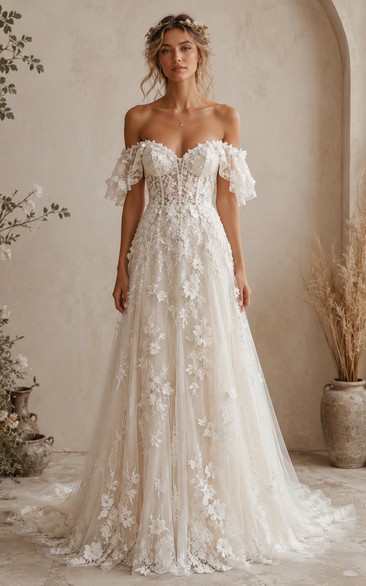 Off Shoulder Floral Lace A-Line Wedding Dress with Chapel Train