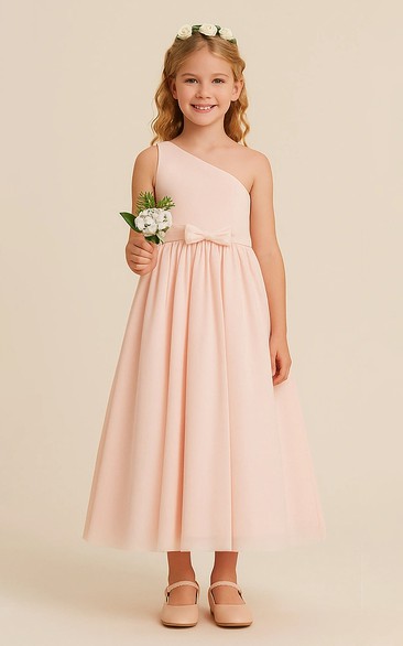 Blush One-shoulder Chiffon Ankle-length Flowergirl Dress