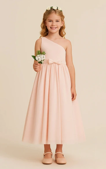 Blush One-shoulder Chiffon Ankle-length Flowergirl Dress