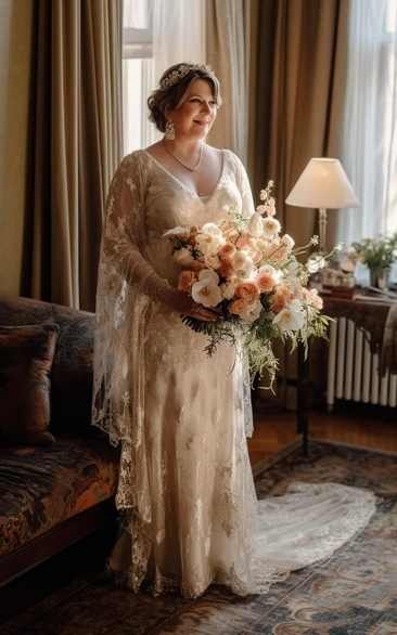 Elegant Vintage V-neck Tulle Lace Applique Plus Size Boho Wedding Dress