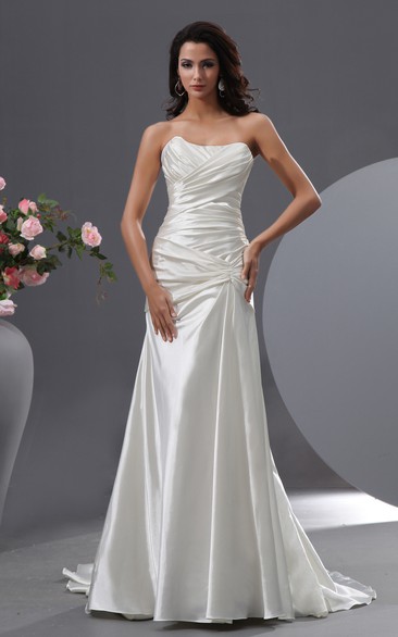 Criss-Cross Ruching Streched Sating Dress With Court Train