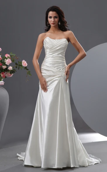 Criss-Cross Ruching Streched Sating Dress With Court Train