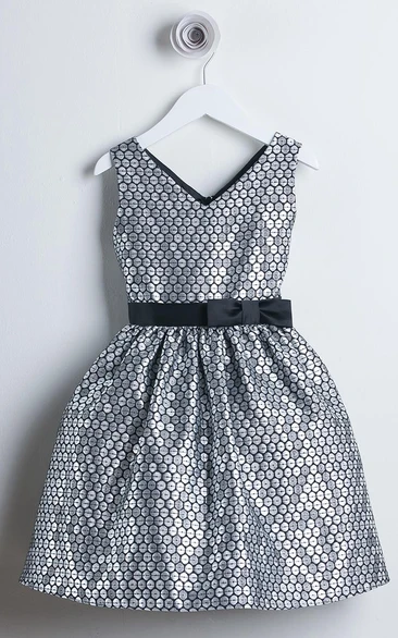 V-Neck Sleeveless Bowed Satin Flower Girl Dress