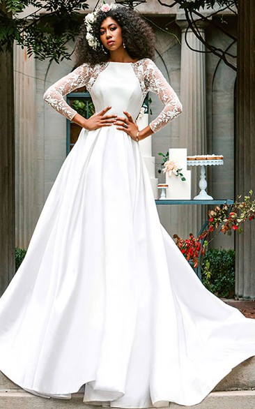 Romantic Jewel A Line Satin Floor-length 3/4 Length Sleeve Wedding Dress with Ruching