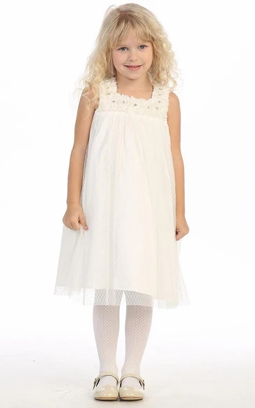 Square Empire Beaded Satin Flower Girl Dress