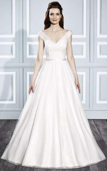 A-Line V-Neck Ruched Cap Sleeve Tulle Wedding Dress