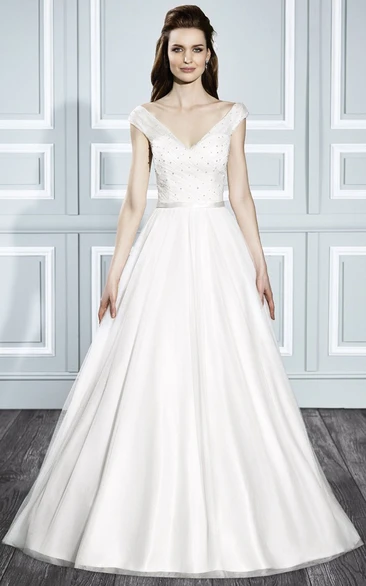 A-Line V-Neck Ruched Cap Sleeve Tulle Wedding Dress