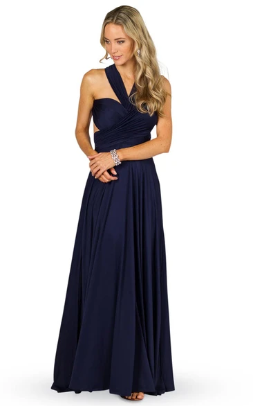 A-Line Haltered Ruched Sleeveless Maxi Chiffon Convertible Bridesmaid Dress