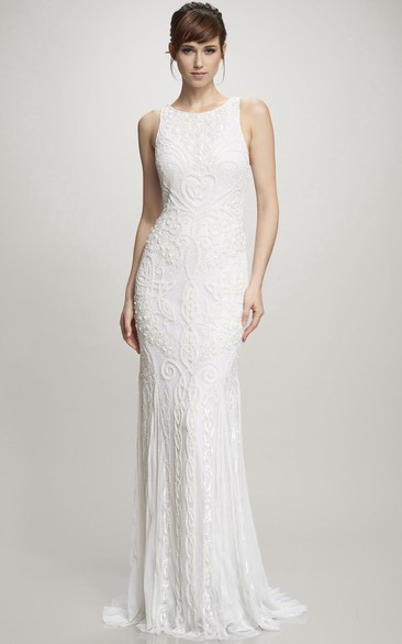 Floor-Length Scoop Lace Wedding Dress With Brush Train And V Back