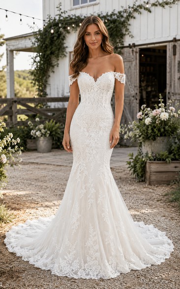 Off-the-Shoulder Mermaid Lace Country Wedding Dress with Sweetheart Bodice and Train