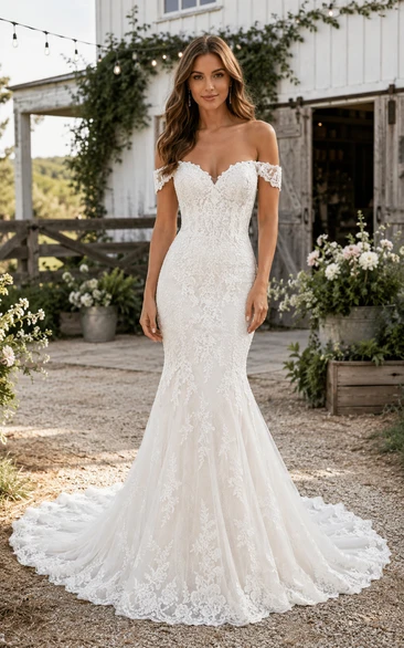 Off-the-Shoulder Mermaid Lace Country Wedding Dress with Sweetheart Bodice and Train