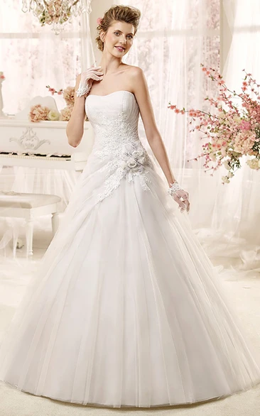 Strapless Applique A-line Wedding Dress With Flowers and Asymmetrical Overlayer 