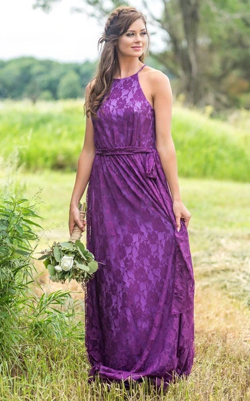 Lace Halter Floor-length Bridesmaid Dress with Bow