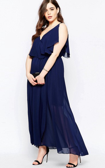 Ankle-Length Sleeveless Pleated V-Neck Chiffon Bridesmaid Dress
