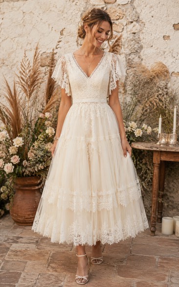 Tea Length Boho Wedding Dress with Flutter Lace Sleeves, V-Neckline & Tiered Tulle Skirt