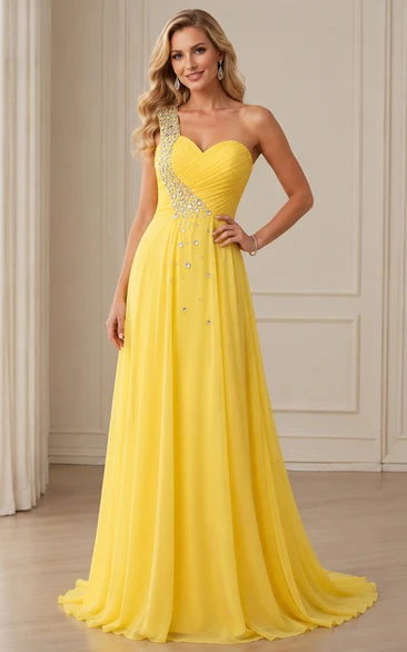 Floor-length One-Shoulder Chiffon Pleats Beading Dress