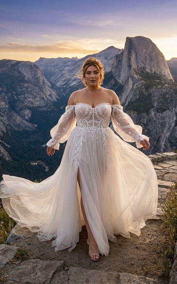 Plus Size Off Shoulder Boho Wedding Dress with Detachable Long Sleeves, Sweetheart Lace A-Line Bridal Gown with Split