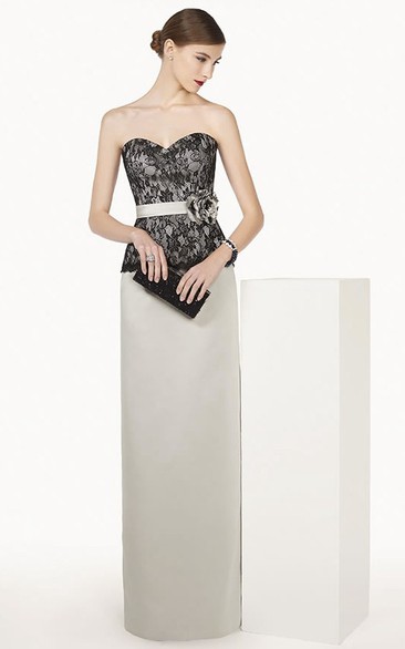 Lace Top Sheath Long Satin Prom Dress With Floral Sash And Removable Jacket