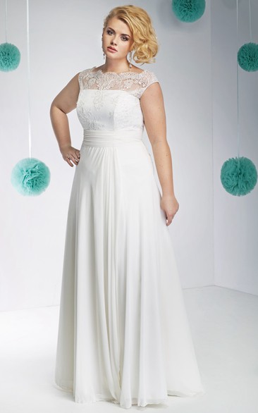 Cap-Sleeve Floor-Length Lace Bateau-Neck Chiffon Plus Size Modest Wedding Dress