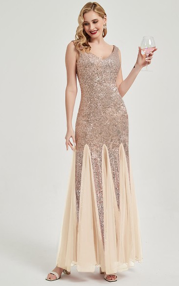 Sequin Sheath Pleated Sleeveless Party Floor-length Prom Dress