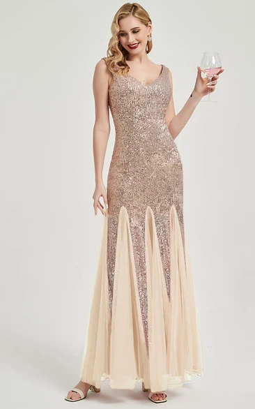 Sequin Sheath Pleated Sleeveless Party Floor-length Prom Dress