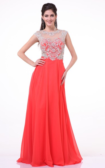 A-Line Long Jewel-Neck Cap-Sleeve Chiffon Illusion Dress With Beading