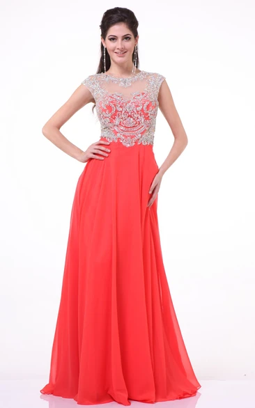 A-Line Long Jewel-Neck Cap-Sleeve Chiffon Illusion Dress With Beading