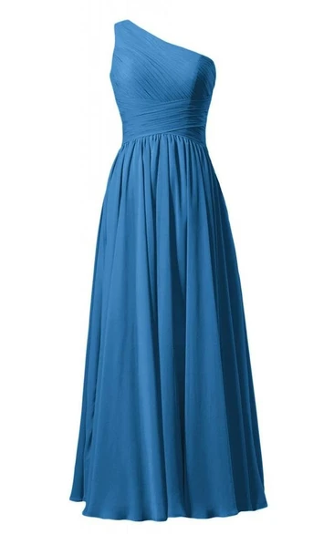 One-shoulder Ruched Bodice Long Pleated Chiffon Dress