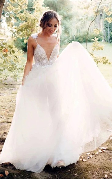 Spaghetti Plunged Tulle Empire Pleated Wedding Dress with Lace Top