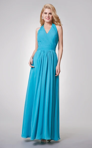 Halter A-line Long Chiffon Dress With Ruched Top