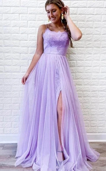 Purple Spaghetti Tulle Front Split Empire A-line Lace Formal Prom Dress