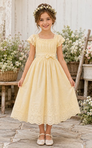A-line Tea-length Cap Sleeve Tulle Lace Flower Girl Dress with Warm champagne lace with square neckline and bow sash