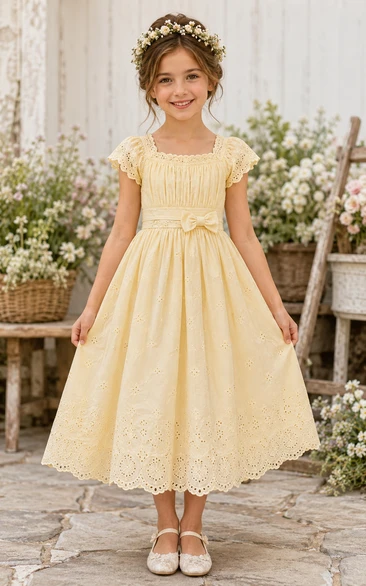 A-line Tea-length Cap Sleeve Tulle Lace Flower Girl Dress with Warm champagne lace with square neckline and bow sash