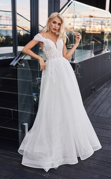 Tulle V-neck Empire Lace A-line Ruched Wedding Dress