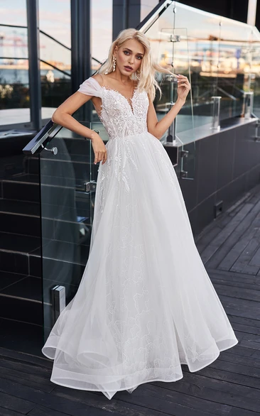 Tulle V-neck Empire Lace A-line Ruched Wedding Dress