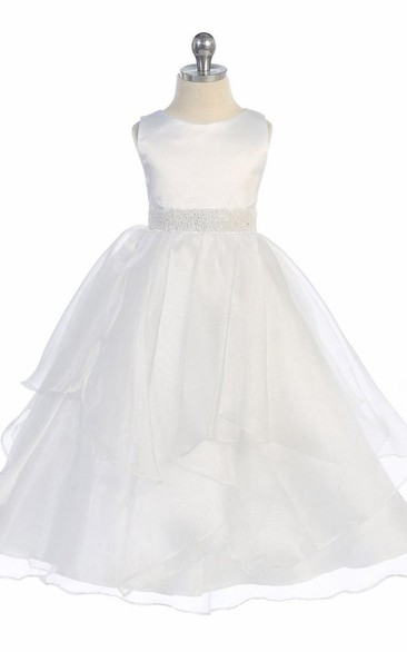 Tea-Length Tiered Beaded Sequins&Organza Flower Girl Dress With Sash