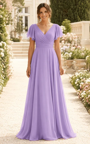 Lavender A-Line Chiffon V-Neck Bridesmaid Dress with Flutter Sleeves