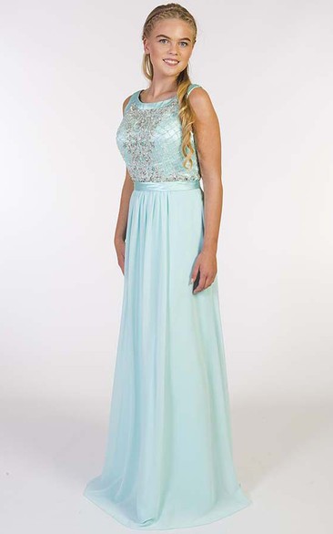 Sheath Long Beaded Scoop-Neck Sleeveless Chiffon Prom Dress