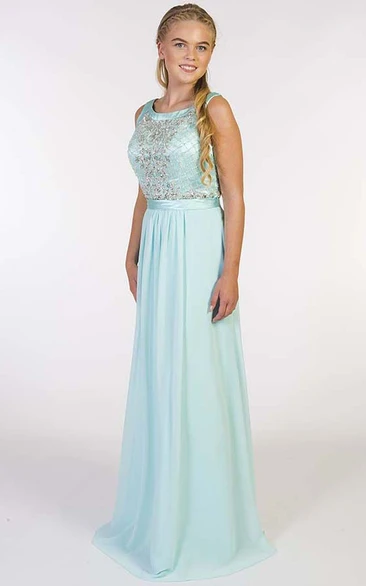 Sheath Long Beaded Scoop-Neck Sleeveless Chiffon Prom Dress