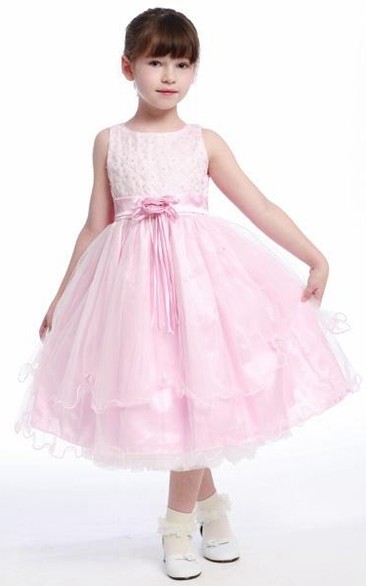 Tea-Length Beaded Lace&Organza Flower Girl Dress