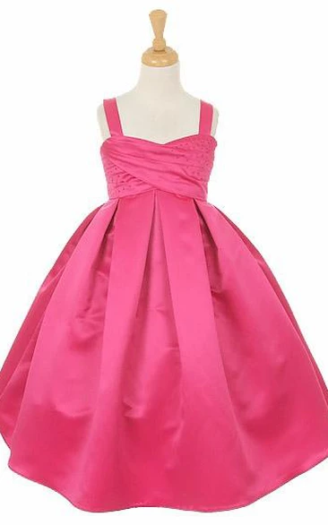 Tea-Length Sleeveless Beaded Satin Flower Girl Dress