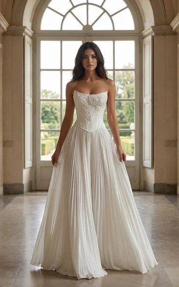Strapless Wedding Dress A-Line Corset Pleated Chiffon Bridal Gown