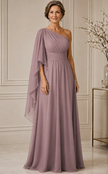 Mauve One-Shoulder A-Line Chiffon Cape Mother Dress