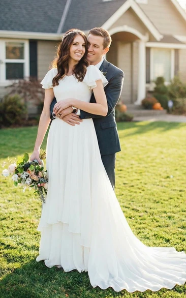 Modest Short Sleeve Chiffon Wedding Dress with Belt
