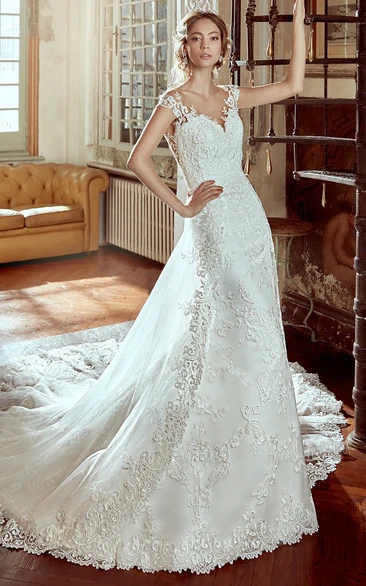 Strap-Neck Lace Wedding Dress With Illusive Back and Lace Appliques