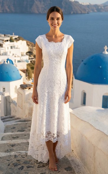 High-Low Lace Wedding Dress with Cap Sleeves