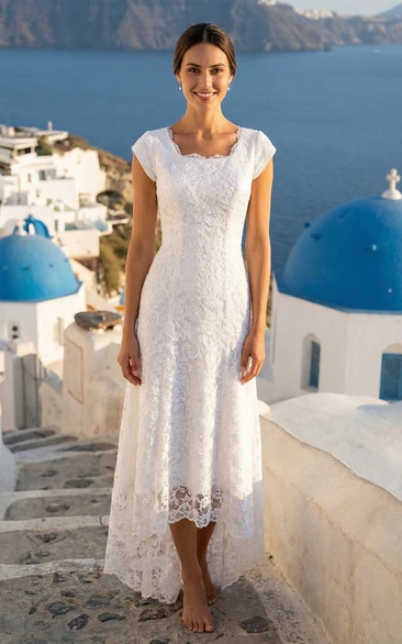 High-Low Lace Wedding Dress with Cap Sleeves